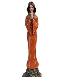 Religious Woman In Prayer Virgin Mary Praying Folk Art Style Faux Wood 15"